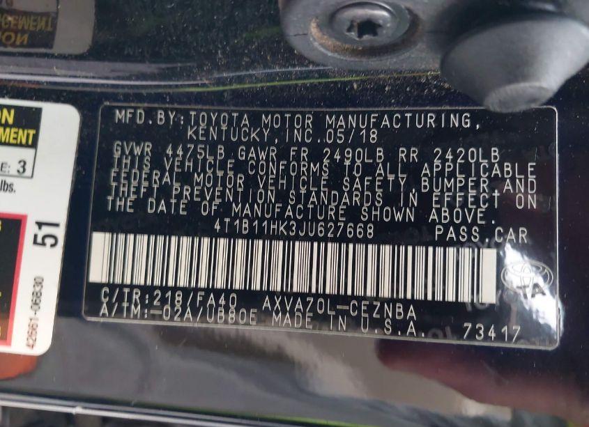 Photo 9 of 2018 Toyota Camry LE (VIN 4T1B11HK3JU627668)