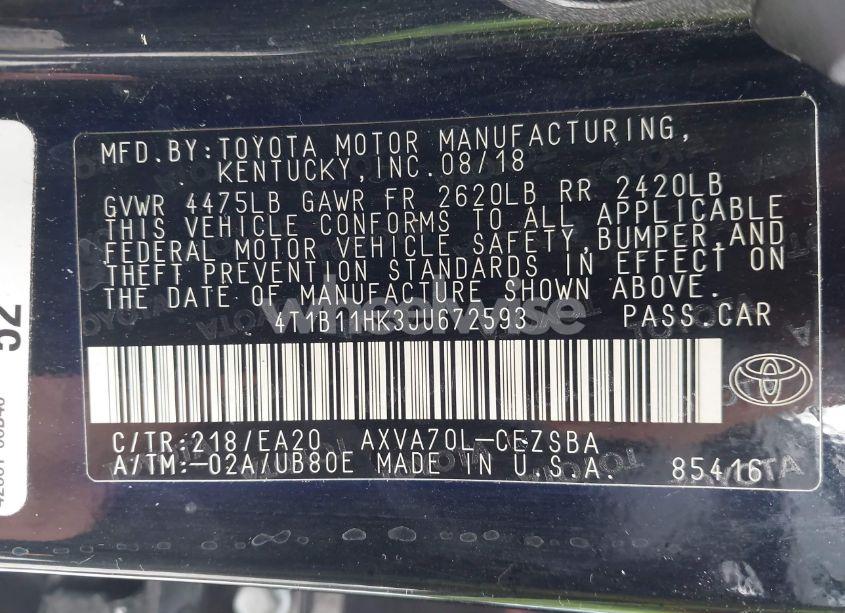 Photo 9 of 2018 Toyota Camry SE (VIN 4T1B11HK3JU672593)