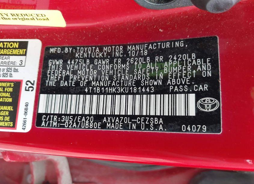 Photo 9 of 2019 Toyota Camry SE (VIN 4T1B11HK3KU181443)