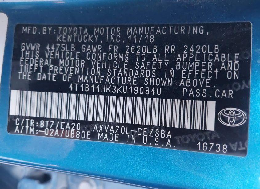 Photo 9 of 2019 Toyota Camry SE (VIN 4T1B11HK3KU190840)