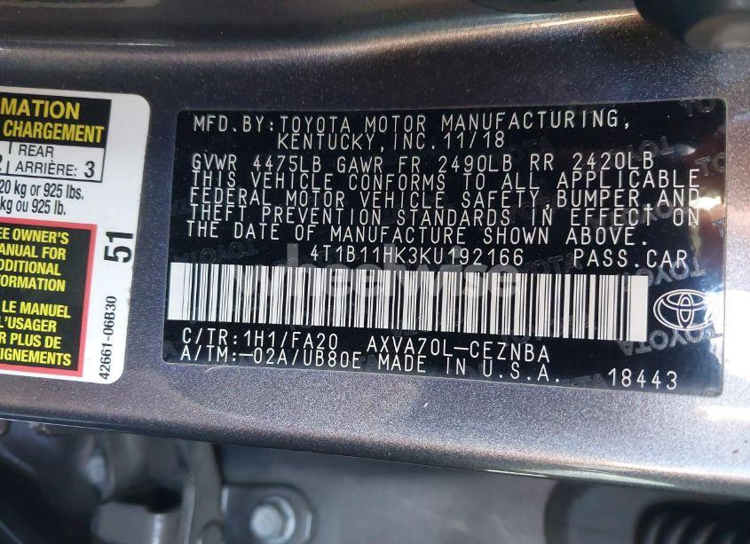 Photo 9 of 2019 Toyota Camry LE (VIN 4T1B11HK3KU192166)