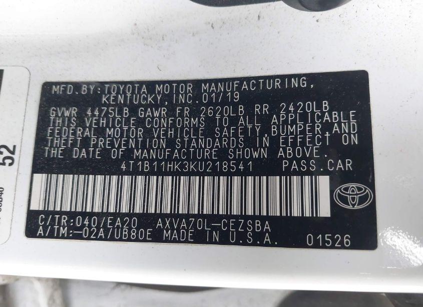 Photo 9 of 2019 Toyota Camry SE (VIN 4T1B11HK3KU218541)