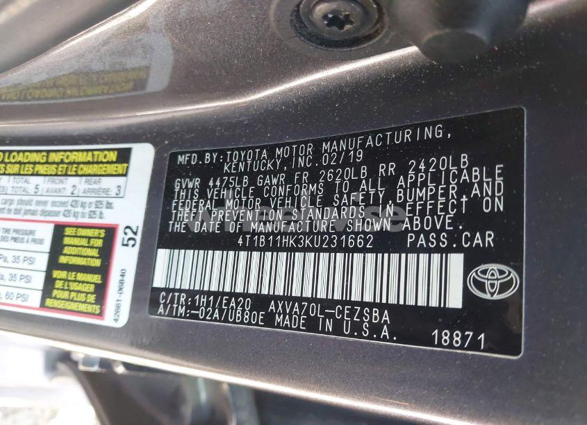 Photo 9 of 2019 Toyota Camry SE (VIN 4T1B11HK3KU231662)