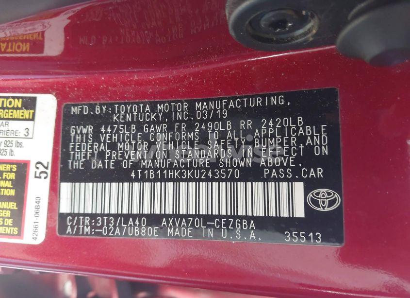 Photo 9 of 2019 Toyota Camry XLE (VIN 4T1B11HK3KU243570)