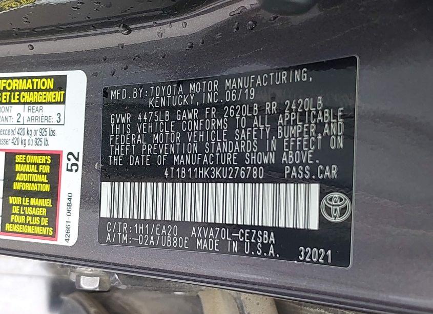 Photo 9 of 2019 Toyota Camry SE (VIN 4T1B11HK3KU276780)