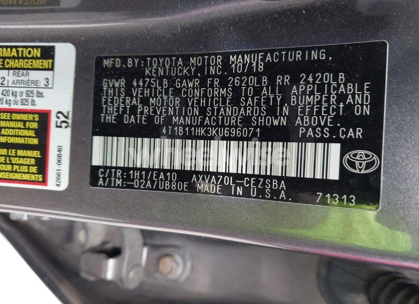 Photo 9 of 2019 Toyota Camry SE (VIN 4T1B11HK3KU696071)