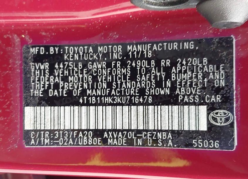 Photo 9 of 2019 Toyota Camry LE (VIN 4T1B11HK3KU716478)