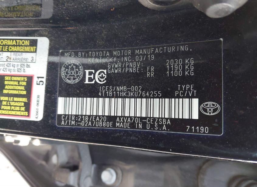 Photo 9 of 2019 Toyota Camry SE (VIN 4T1B11HK3KU764255)