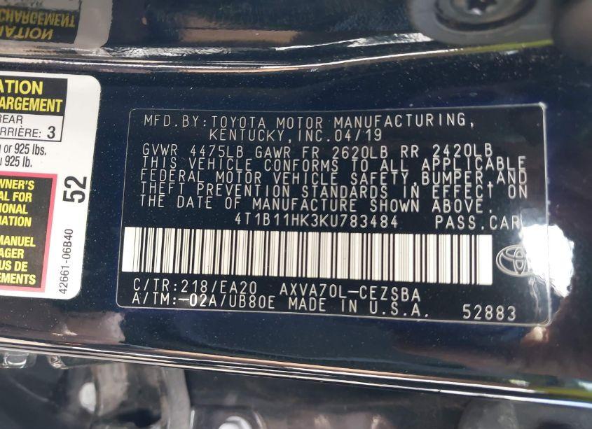 Photo 9 of 2019 Toyota Camry SE (VIN 4T1B11HK3KU783484)