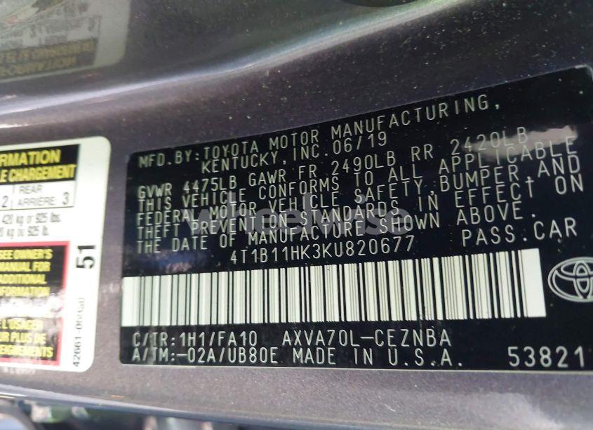 Photo 9 of 2019 Toyota Camry LE (VIN 4T1B11HK3KU820677)