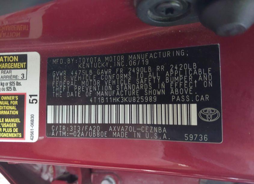 Photo 9 of 2019 Toyota Camry LE (VIN 4T1B11HK3KU825989)