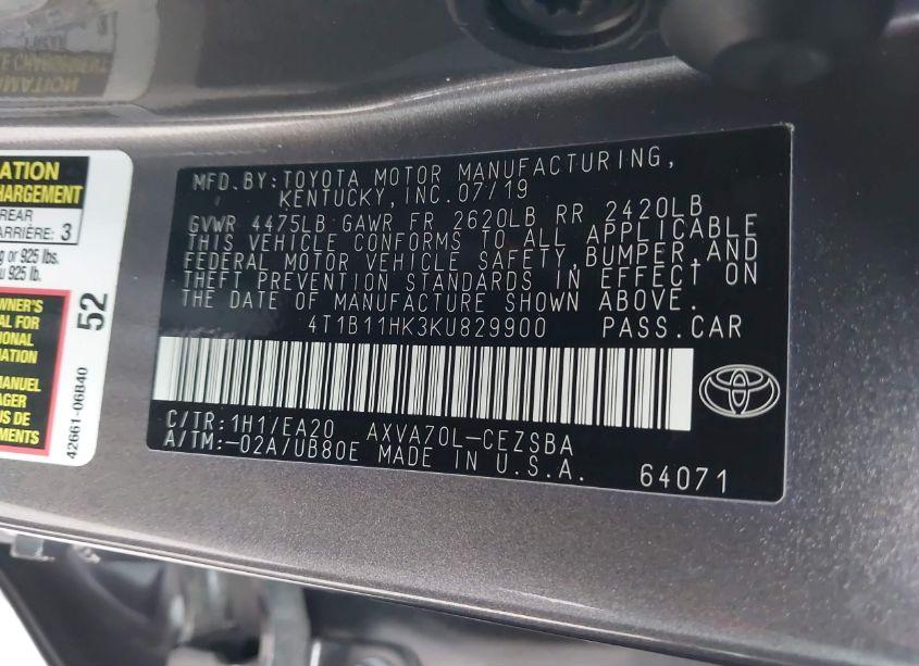 Photo 9 of 2019 Toyota Camry SE (VIN 4T1B11HK3KU829900)