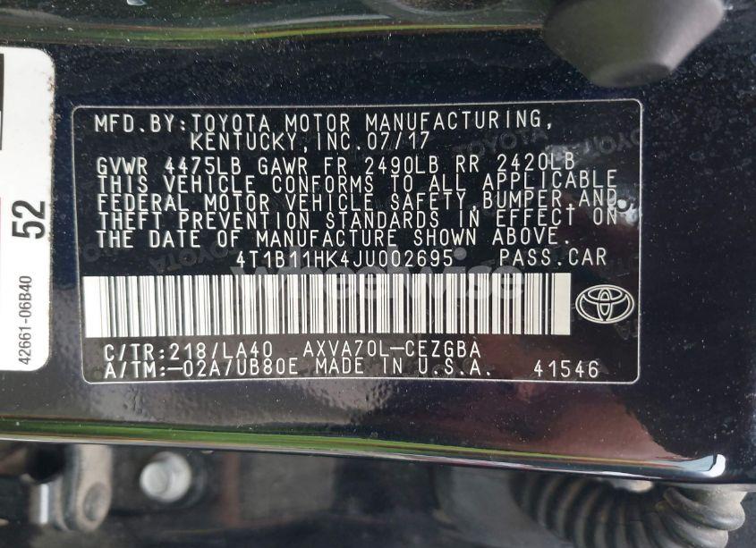 Photo 9 of 2018 Toyota Camry XLE (VIN 4T1B11HK4JU002695)