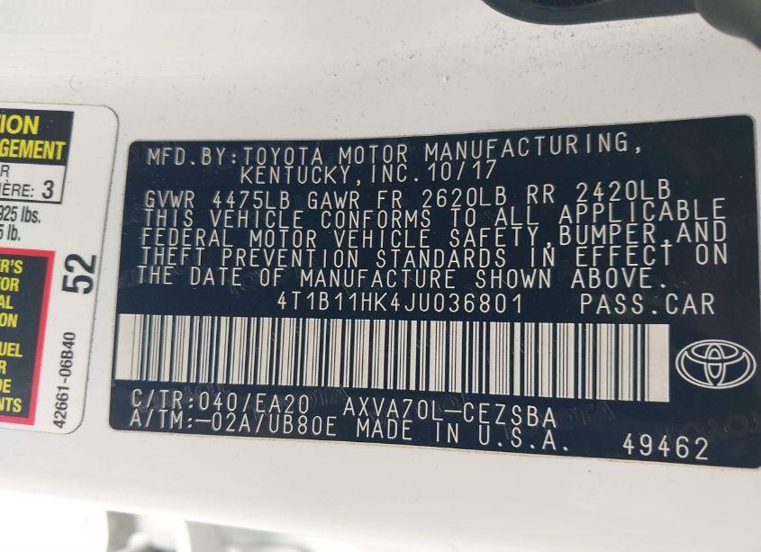 Photo 9 of 2018 Toyota Camry SE (VIN 4T1B11HK4JU036801)