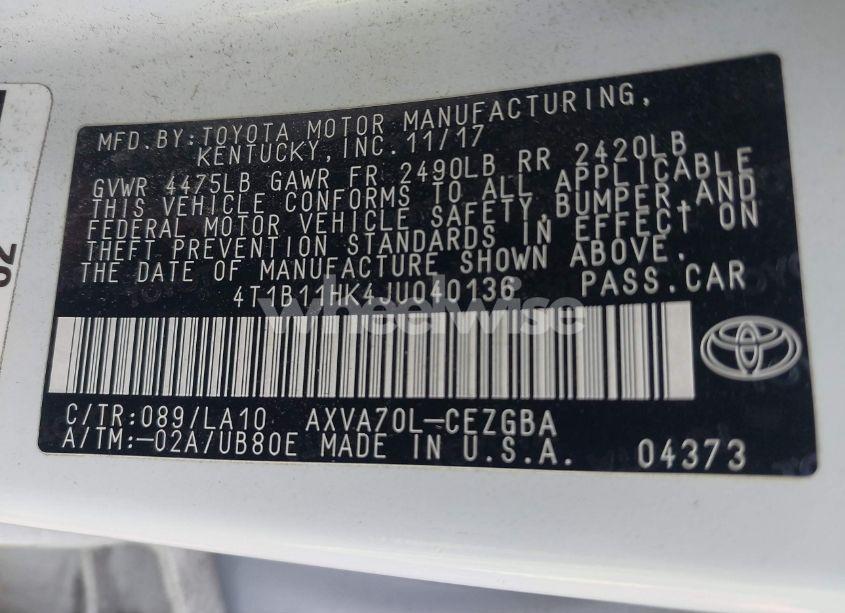 Photo 9 of 2018 Toyota Camry XLE (VIN 4T1B11HK4JU040136)