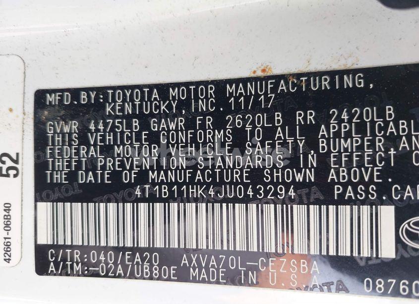 Photo 9 of 2018 Toyota Camry SE (VIN 4T1B11HK4JU043294)