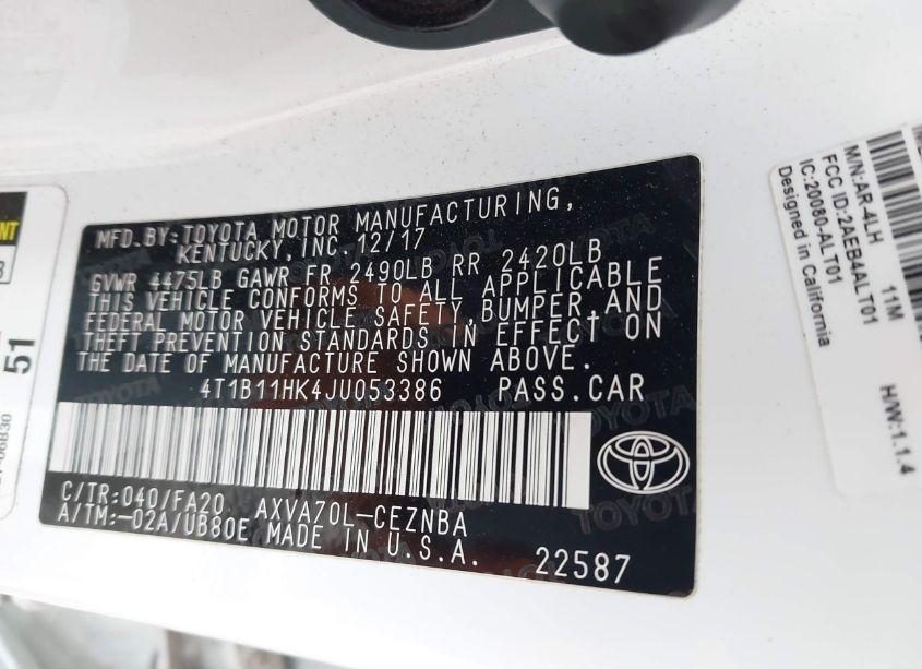 Photo 9 of 2018 Toyota Camry LE (VIN 4T1B11HK4JU053386)