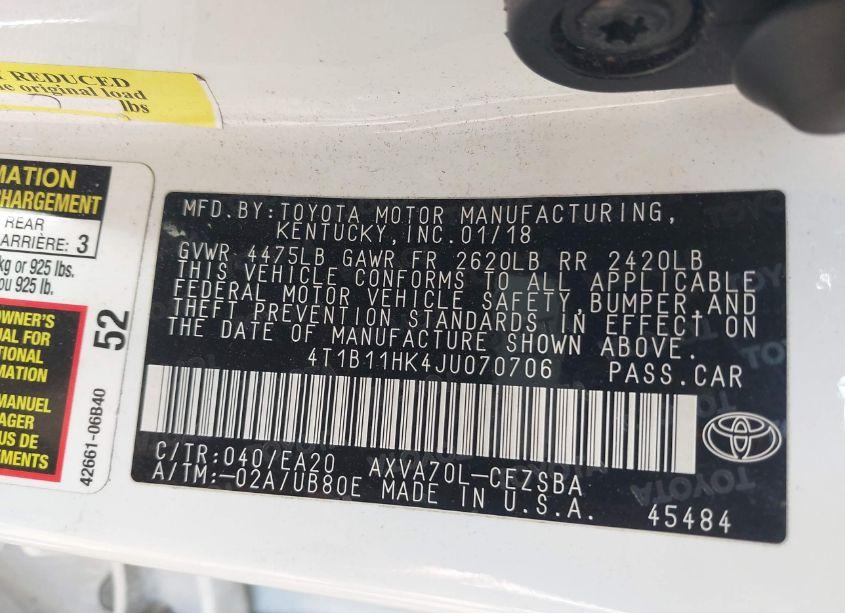 Photo 9 of 2018 Toyota Camry SE (VIN 4T1B11HK4JU070706)