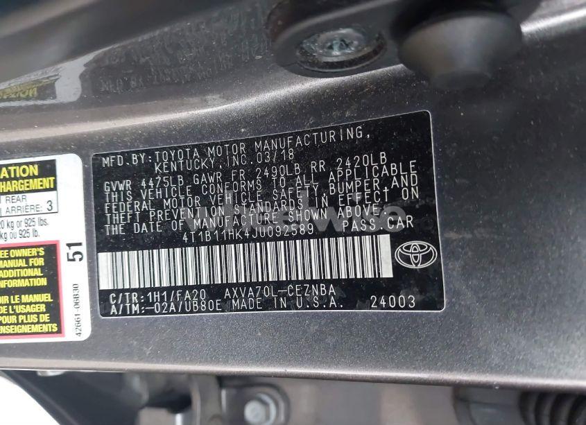 Photo 9 of 2018 Toyota Camry LE (VIN 4T1B11HK4JU092589)