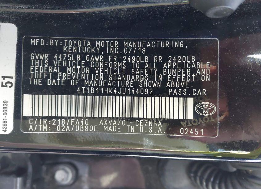 Photo 9 of 2018 Toyota Camry LE (VIN 4T1B11HK4JU144092)