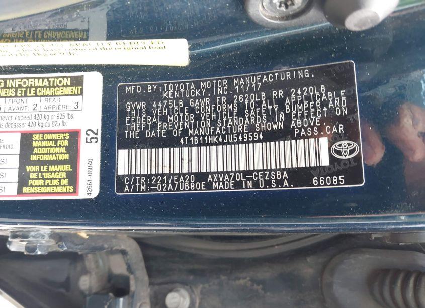 Photo 9 of 2018 Toyota Camry SE (VIN 4T1B11HK4JU549594)