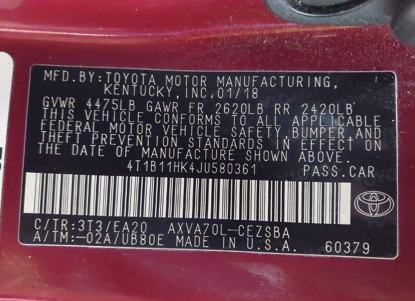 Photo 9 of 2018 Toyota Camry SE (VIN 4T1B11HK4JU580361)