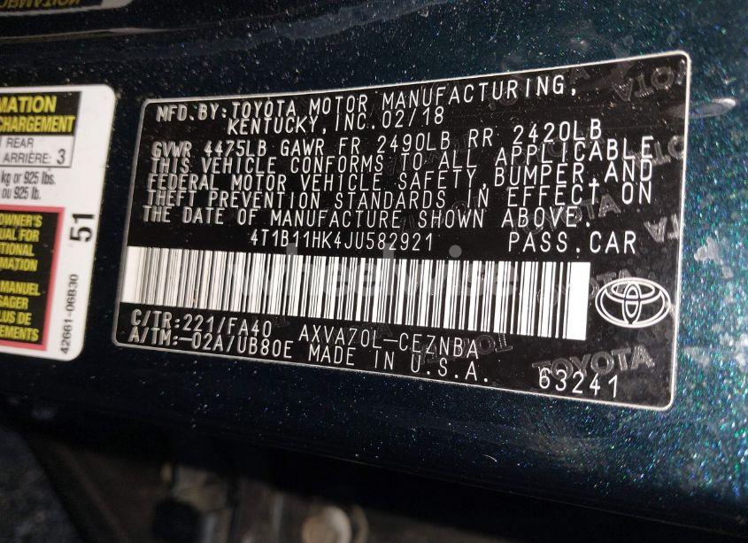 Photo 9 of 2018 Toyota Camry LE (VIN 4T1B11HK4JU582921)