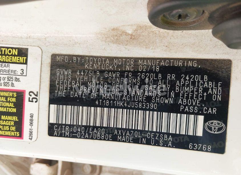 Photo 9 of 2018 Toyota Camry SE (VIN 4T1B11HK4JU583390)