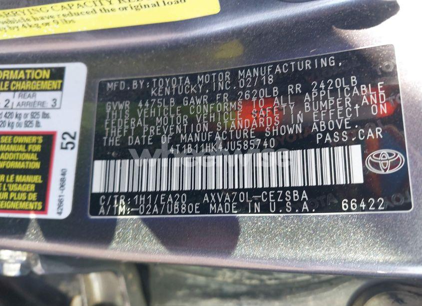 Photo 9 of 2018 Toyota Camry SE (VIN 4T1B11HK4JU585740)