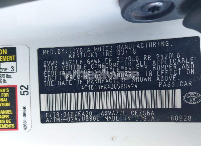 Photo 9 of 2018 Toyota Camry SE (VIN 4T1B11HK4JU598424)