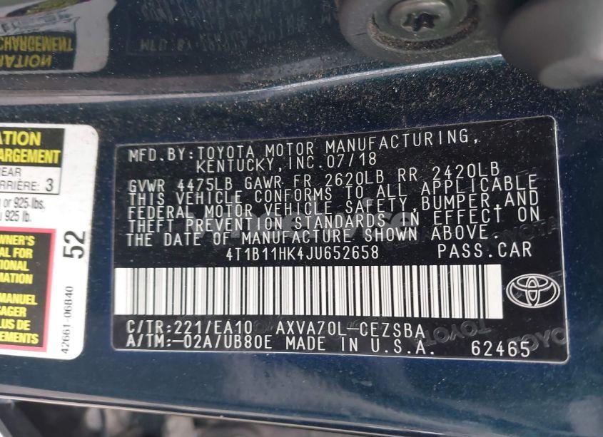 Photo 9 of 2018 Toyota Camry SE (VIN 4T1B11HK4JU652658)