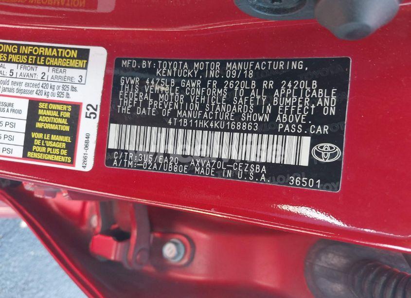 Photo 9 of 2019 Toyota Camry SE (VIN 4T1B11HK4KU168863)