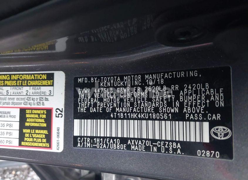 Photo 9 of 2019 Toyota Camry SE (VIN 4T1B11HK4KU180561)