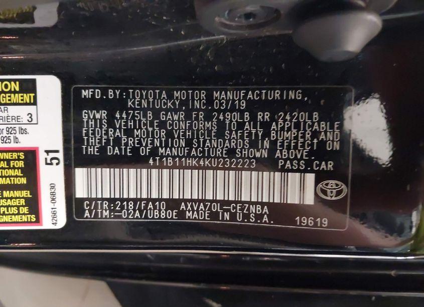 Photo 9 of 2019 Toyota Camry LE (VIN 4T1B11HK4KU232223)