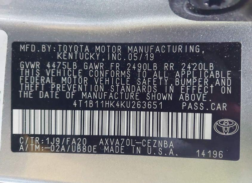 Photo 9 of 2019 Toyota Camry LE (VIN 4T1B11HK4KU263651)