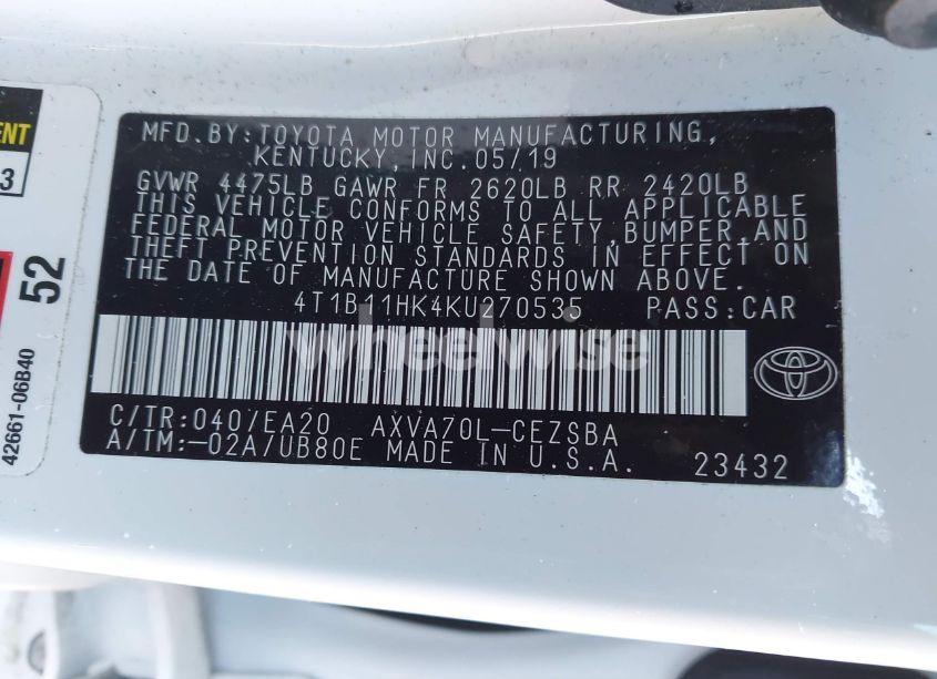 Photo 9 of 2019 Toyota Camry SE (VIN 4T1B11HK4KU270535)