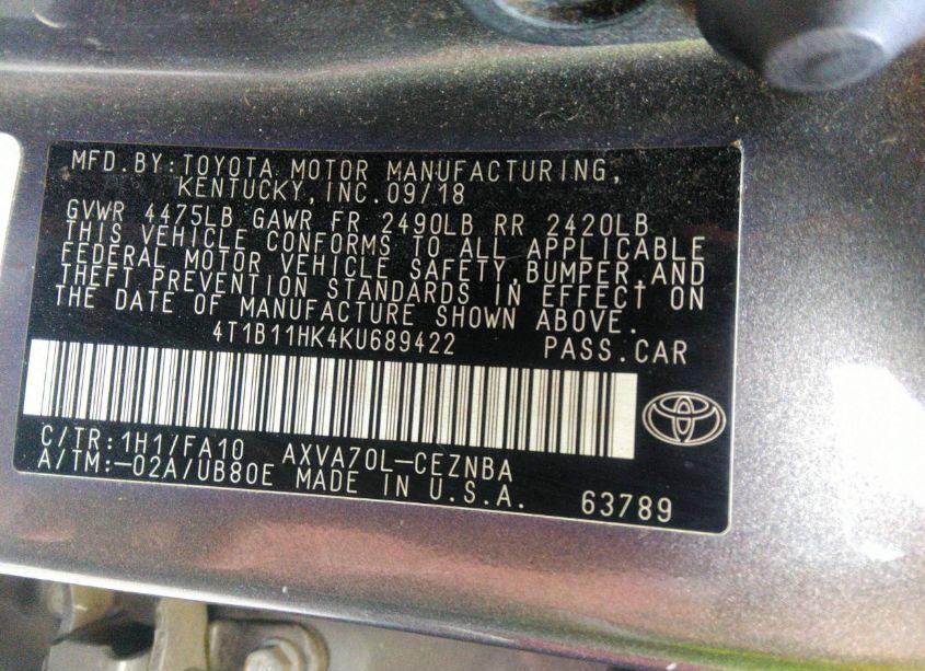 Photo 9 of 2019 Toyota Camry LE (VIN 4T1B11HK4KU689422)