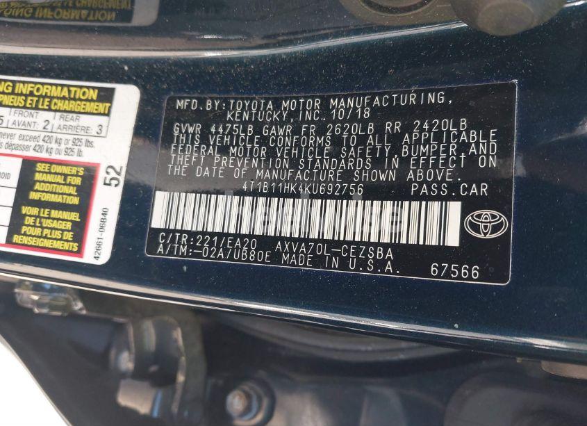 Photo 9 of 2019 Toyota Camry SE (VIN 4T1B11HK4KU692756)