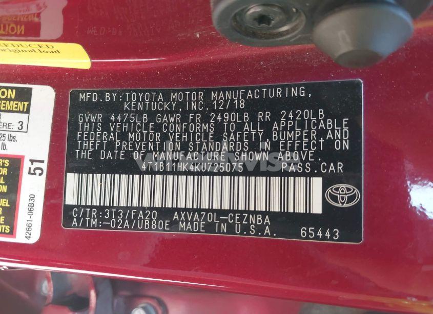 Photo 9 of 2019 Toyota Camry LE (VIN 4T1B11HK4KU725075)