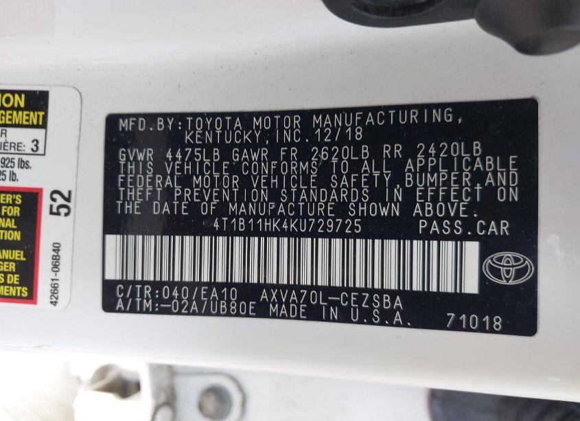 Photo 9 of 2019 Toyota Camry SE (VIN 4T1B11HK4KU729725)