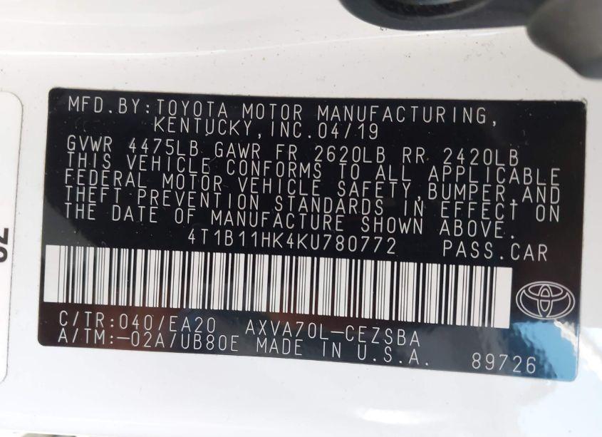 Photo 9 of 2019 Toyota Camry SE (VIN 4T1B11HK4KU780772)