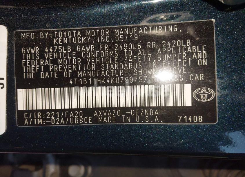 Photo 9 of 2019 Toyota Camry LE (VIN 4T1B11HK4KU799757)