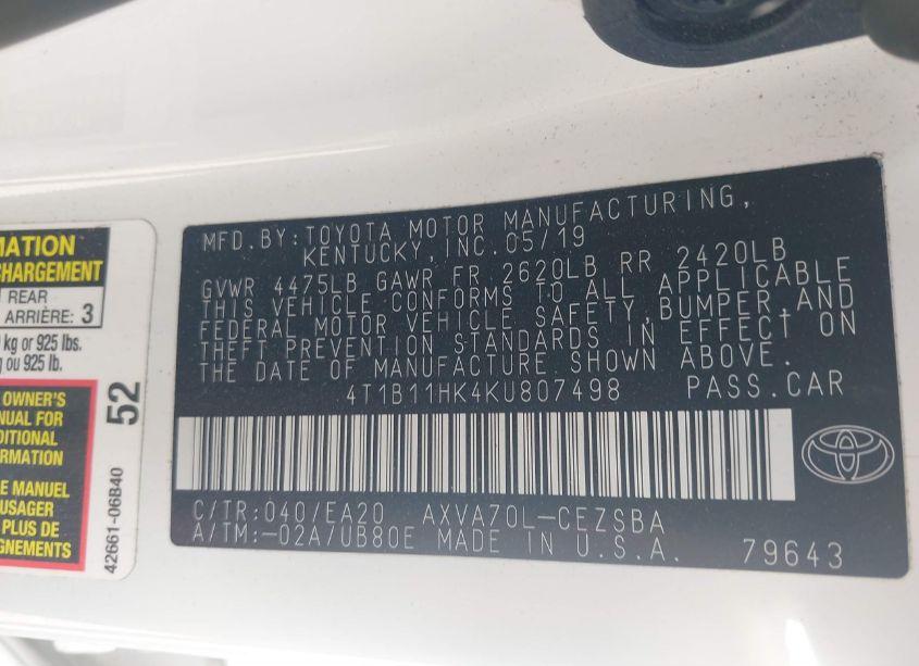 Photo 9 of 2019 Toyota Camry SE (VIN 4T1B11HK4KU807498)