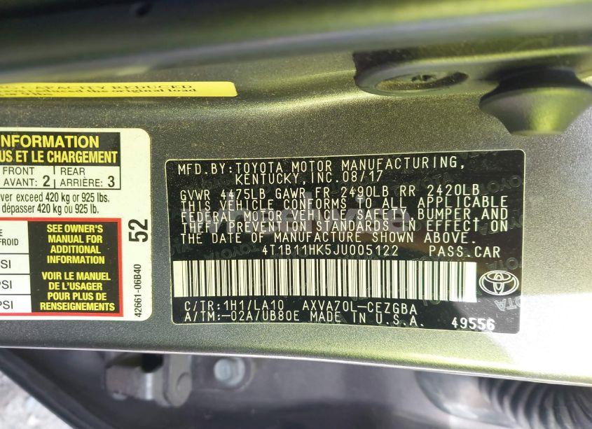 Photo 9 of 2018 Toyota Camry XLE (VIN 4T1B11HK5JU005122)