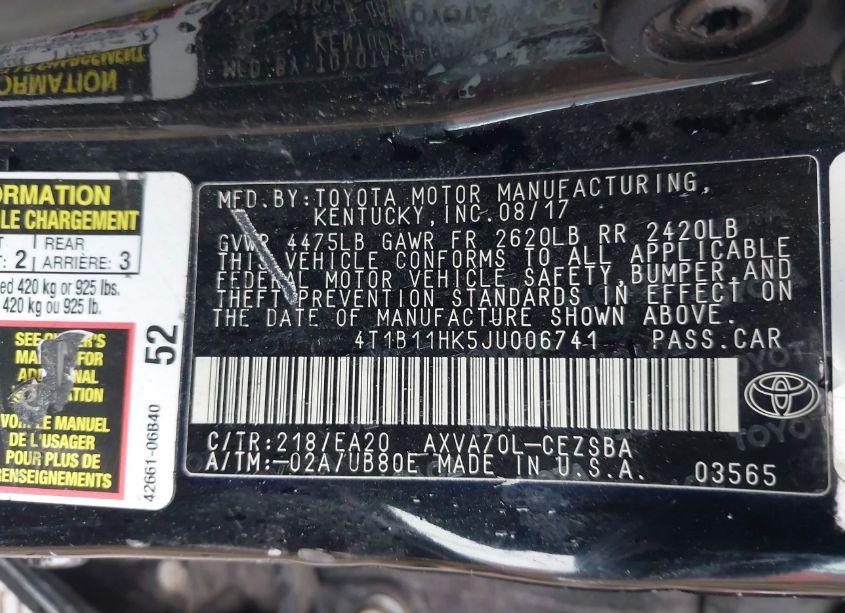 Photo 9 of 2018 Toyota Camry SE (VIN 4T1B11HK5JU006741)