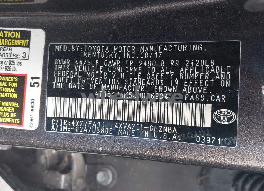 Photo 9 of 2018 Toyota Camry LE (VIN 4T1B11HK5JU006934)