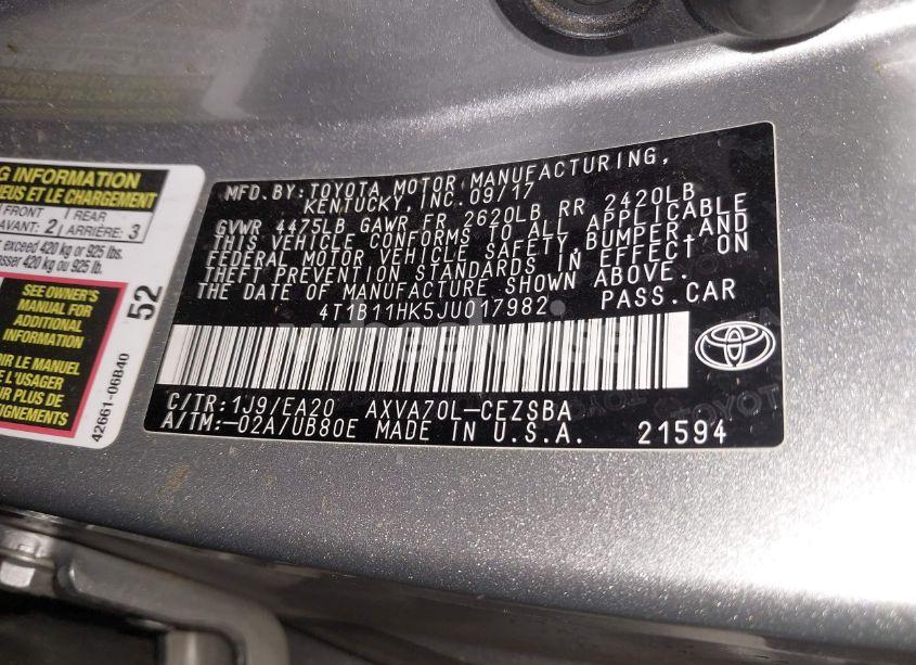Photo 9 of 2018 Toyota Camry SE (VIN 4T1B11HK5JU017982)