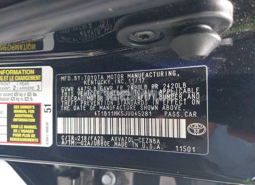 Photo 9 of 2018 Toyota Camry LE (VIN 4T1B11HK5JU045281)