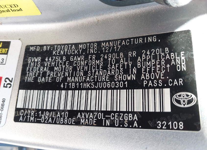 Photo 9 of 2018 Toyota Camry XLE (VIN 4T1B11HK5JU060301)