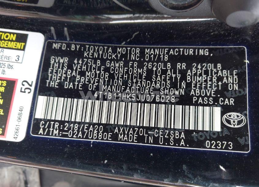 Photo 9 of 2018 Toyota Camry SE (VIN 4T1B11HK5JU076028)